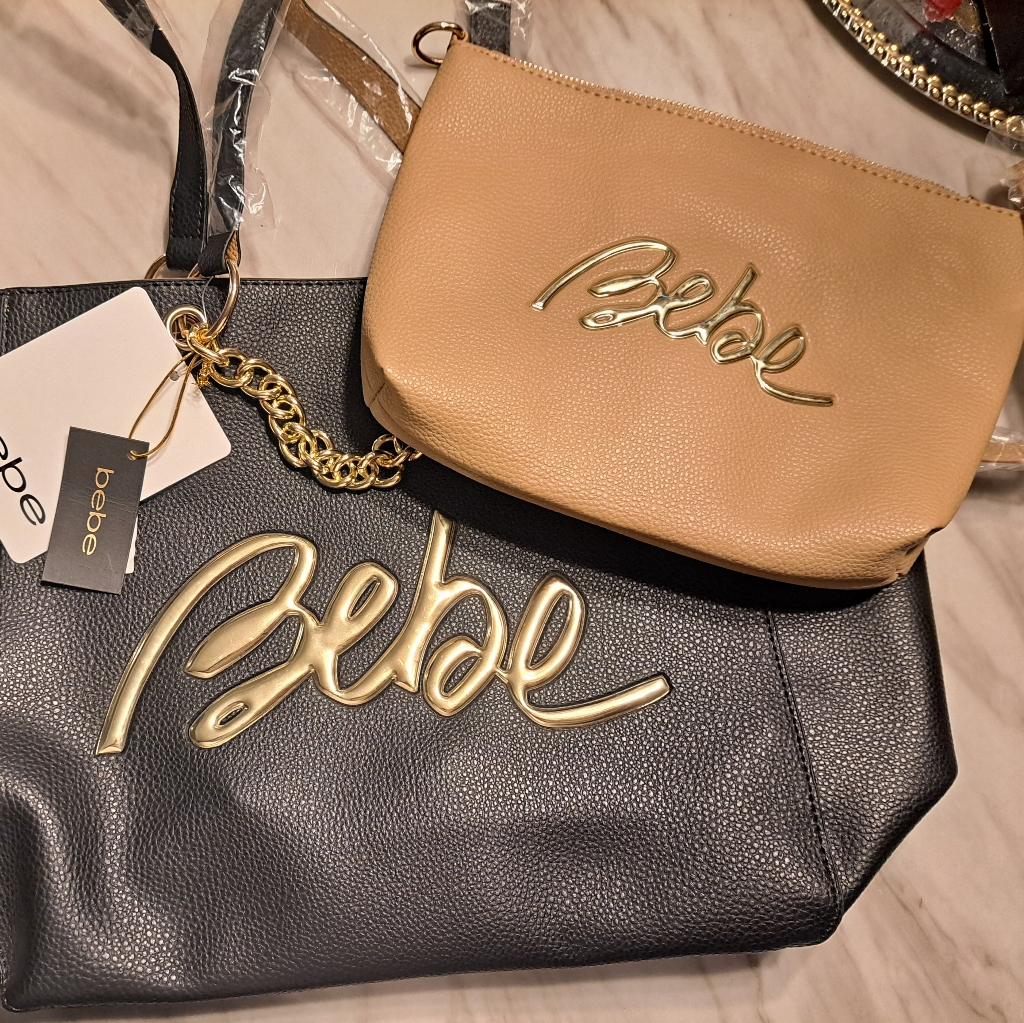 Bebe Black Tote Shoulder Bag And Tan Clutch Bag